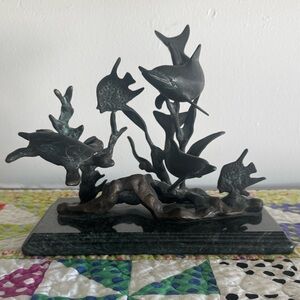 Vintage 90s Tropical Sea Life Brass Sculpture of Turtles Dolphins in Reef by SPI
